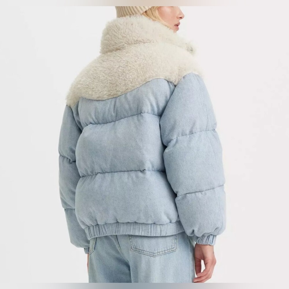 Levi’s Juno Western Down Crop Chambray Sherpa Puffer Light Denim Coat Sz XS - Picture 3 of 16